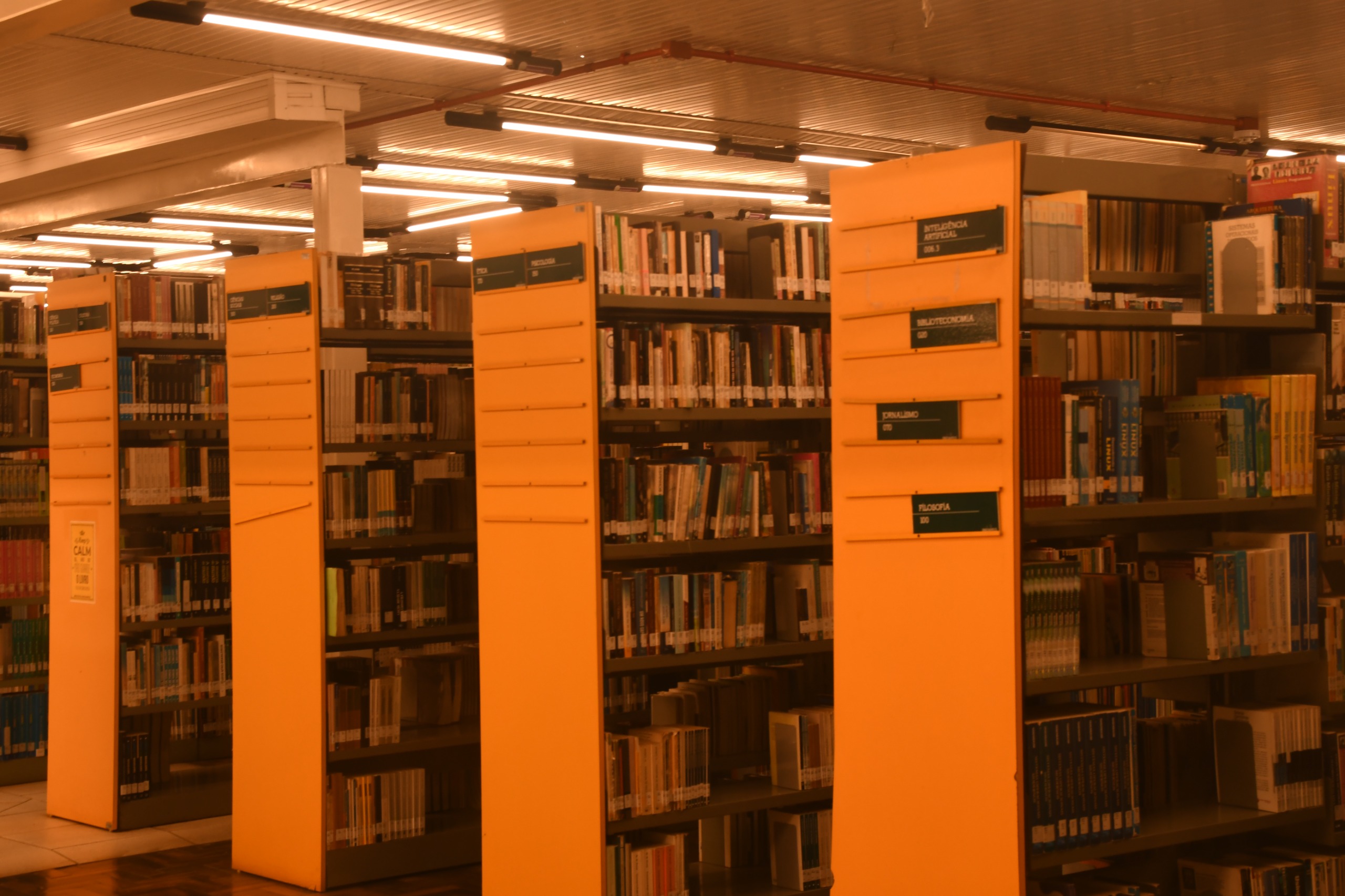 Biblioteca de uma universidade vazia e iluminada